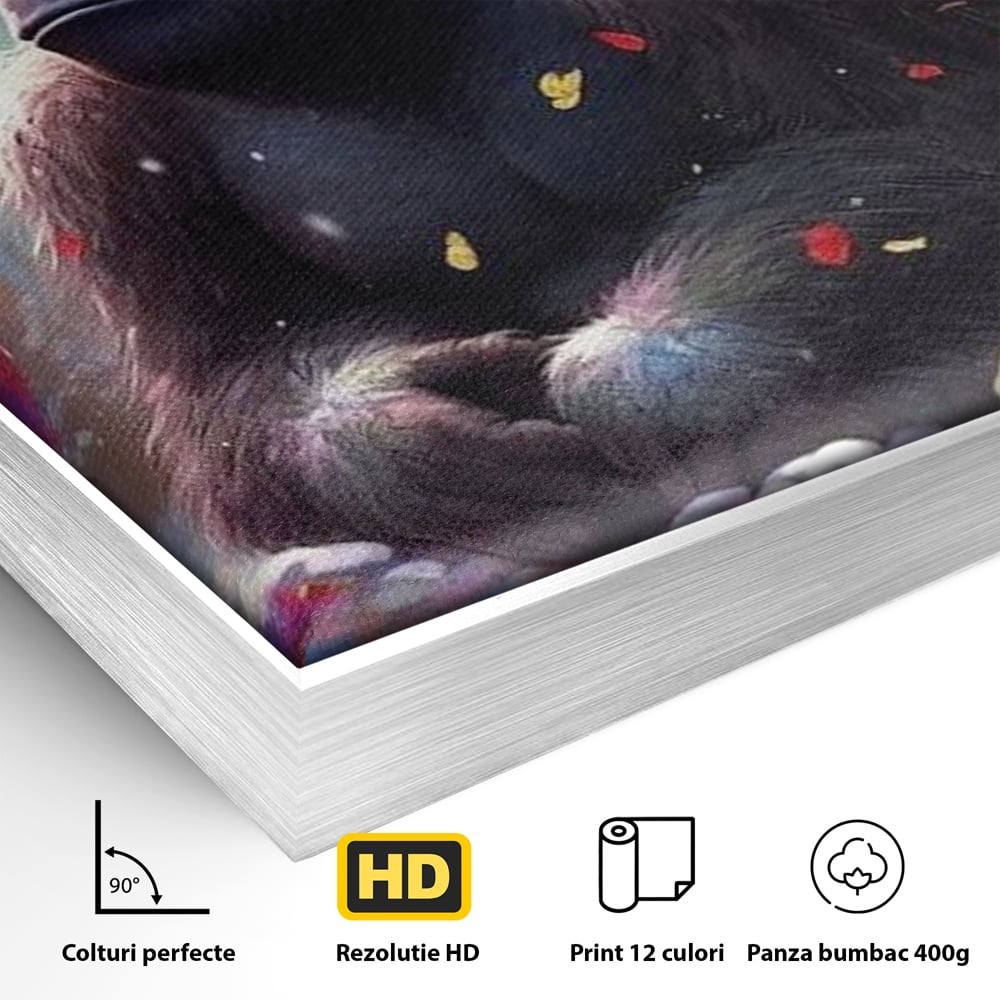 Detaliu al suprafetei: tablou canvas cu gorila si flori, in rama de aluminiu argintiu